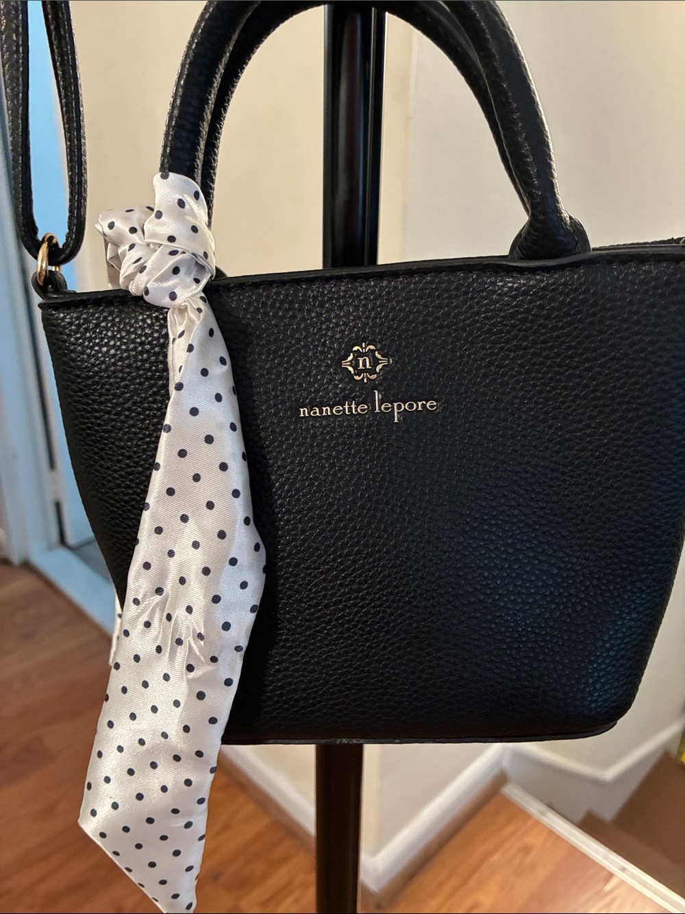 Nanette Lepore Black Mini Satchel with Polka Dot Scarf